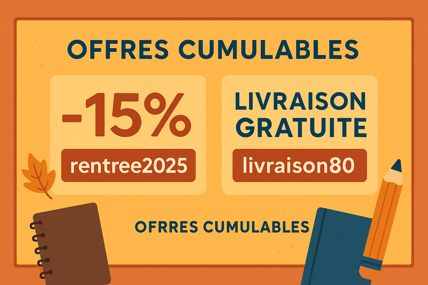 Bannière promotionnelle avec -15% rentrée2025 et livraison80