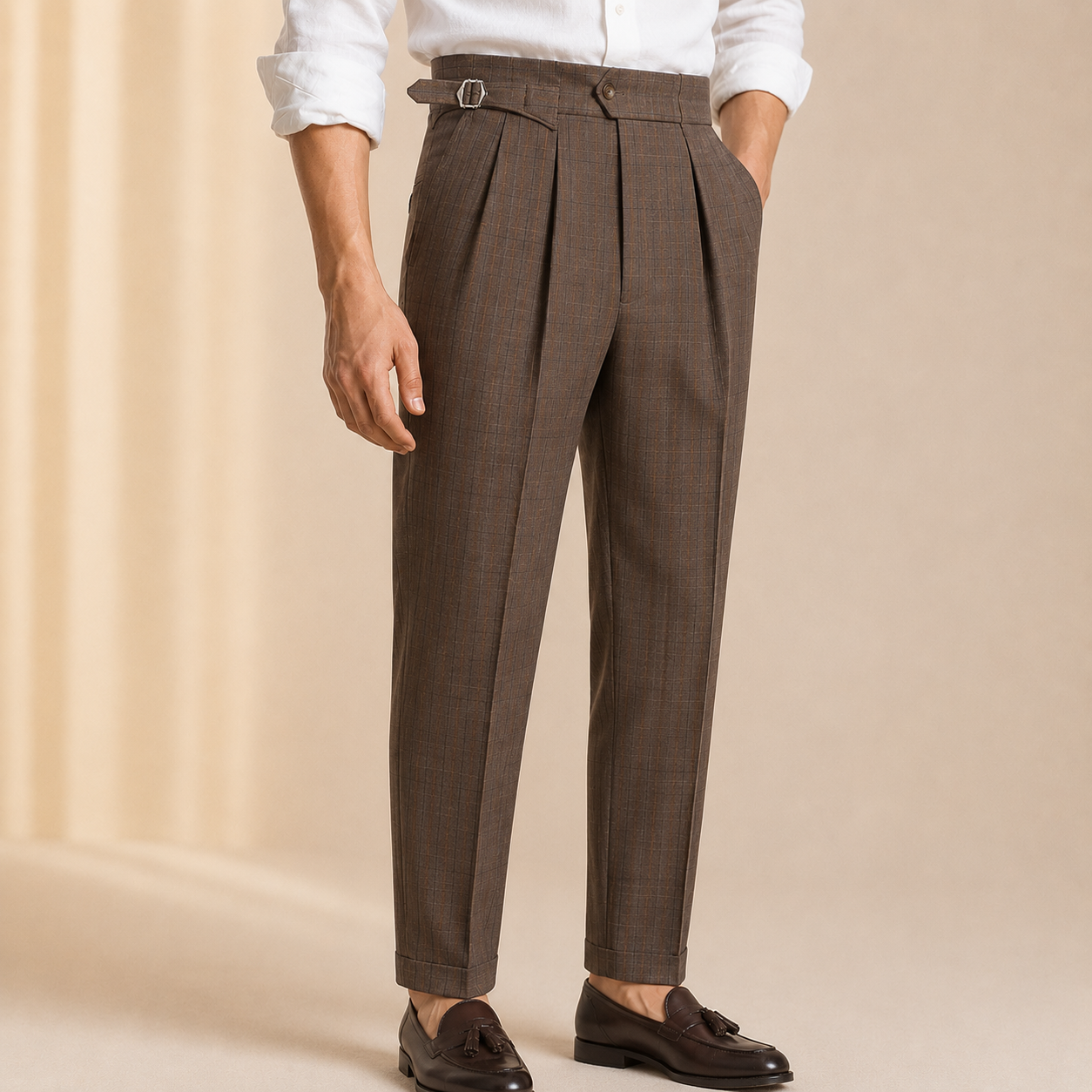Pantalon Homme Rayé Taille Haute – Boucle Ajustable