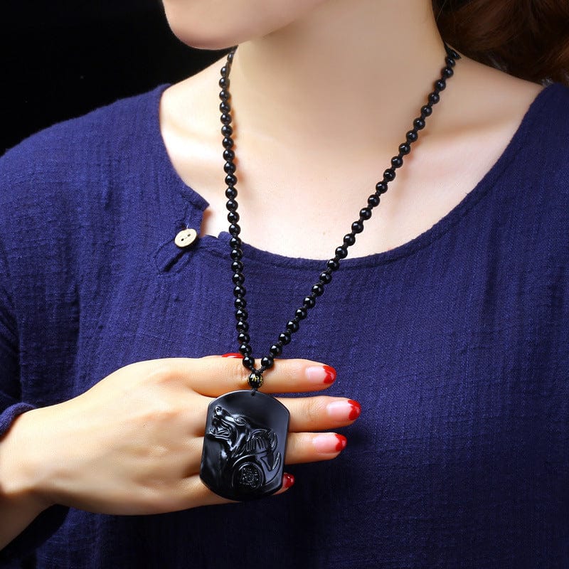Collier Homme et Femme - Pierre Obsidienne Noire Naturelle - Le Loup qui Galope saroual