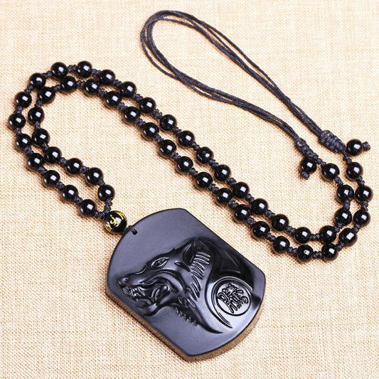 Collier Homme et Femme - Pierre Obsidienne Noire Naturelle - Le Loup qui Galope saroual