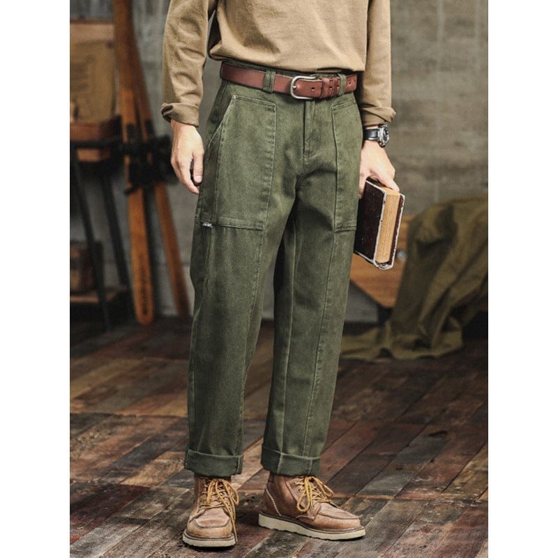 Pantalon cargo décontracté vert armée rétro pour homme, coupe ample et droite saroual