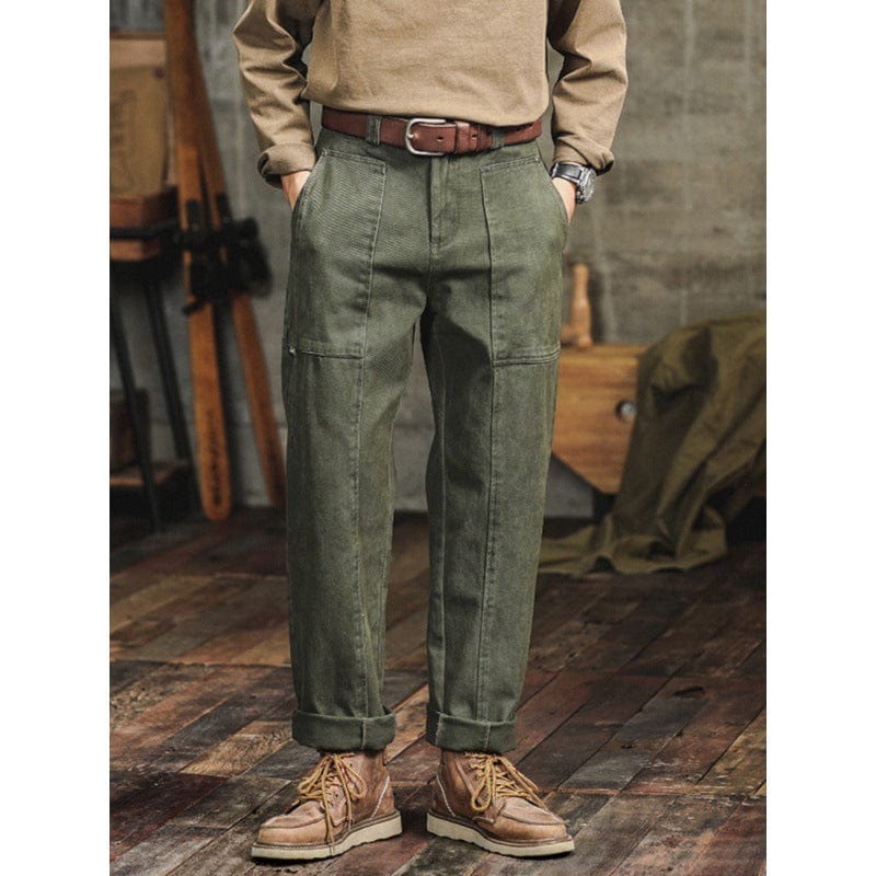 Pantalon cargo décontracté vert armée rétro pour homme, coupe ample et droite saroual