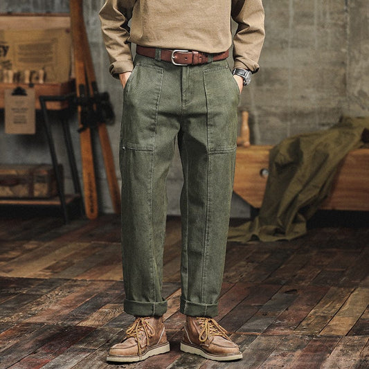 Pantalon cargo décontracté vert armée rétro pour homme, coupe ample et droite saroual