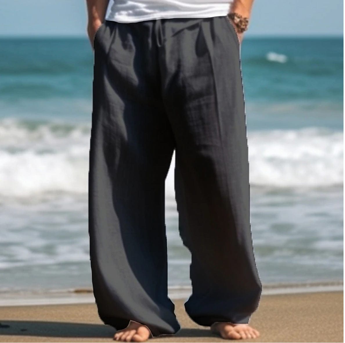 Pantalon décontracté d'extérieur pour la plage, couleur unie, coupe droite large saroual