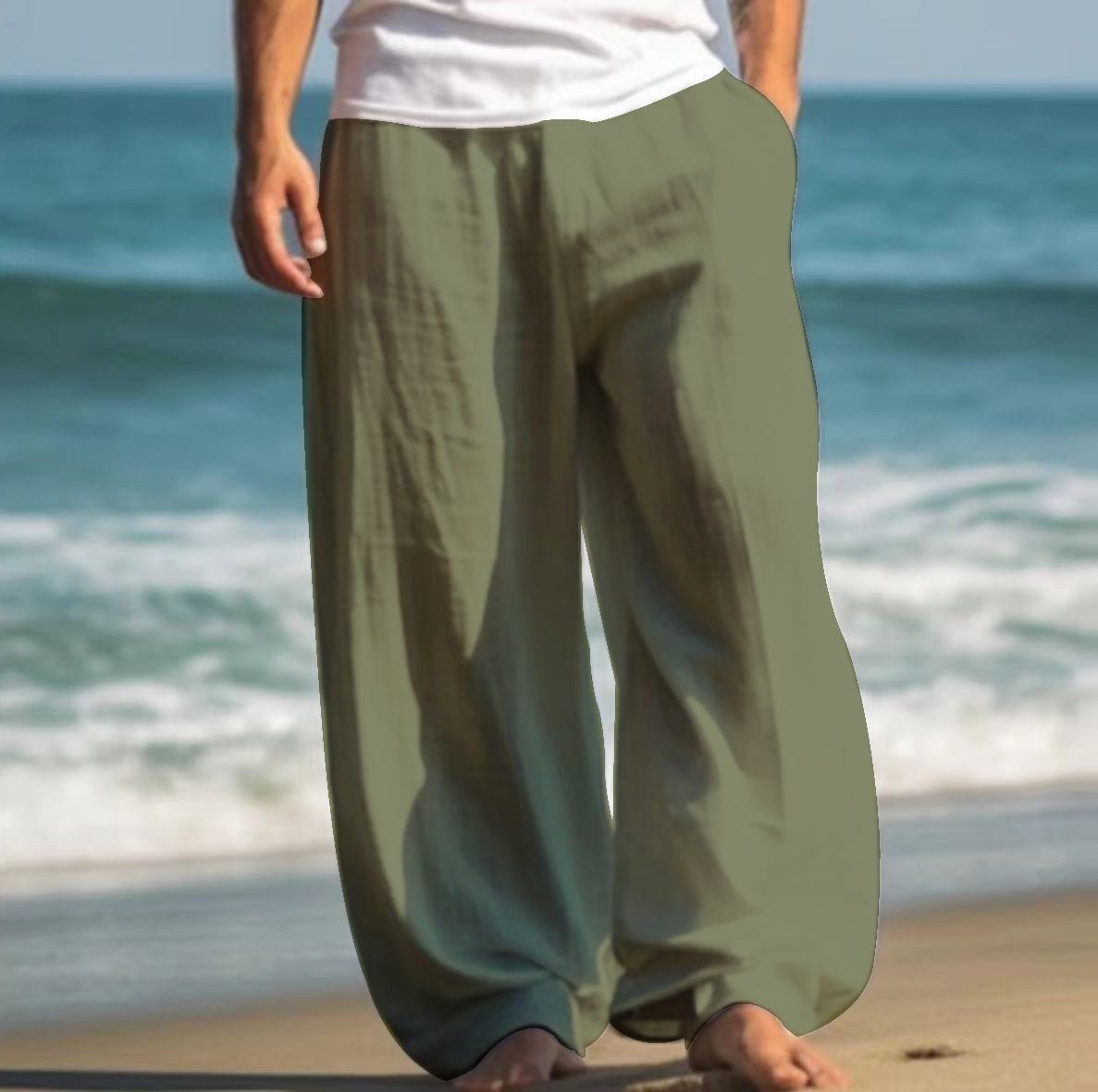 Pantalon décontracté d'extérieur pour la plage, couleur unie, coupe droite large saroual