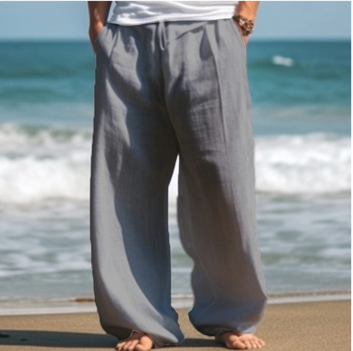 Pantalon décontracté d'extérieur pour la plage, couleur unie, coupe droite large saroual