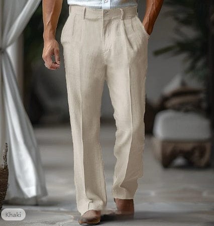Pantalon droit décontracté en lin pour homme | Double pli, avec poche avant saroual