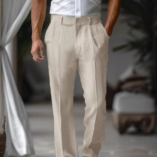 Pantalon droit décontracté en lin pour homme | Double pli, avec poche avant saroual